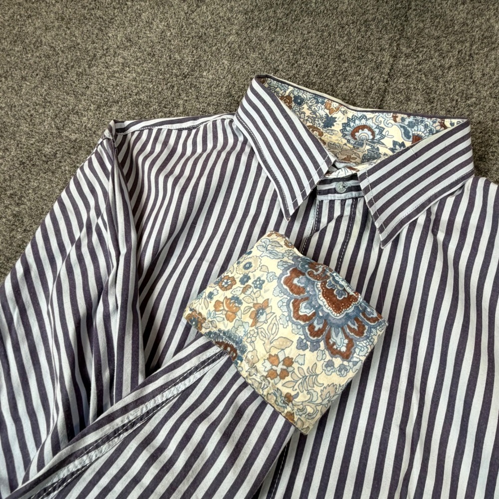 John Lennon Imagine Mens XL Striped Button Down Shirt Floral Flip Contrast Cuffs